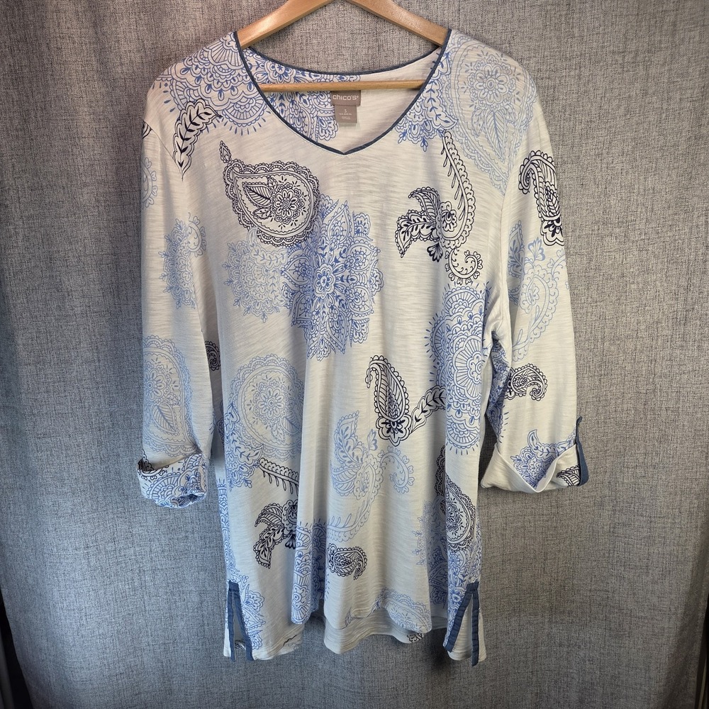 Chicos Women's Blue Paisley Beachy 3/4 Sleeve Coastal Top Shirt SZ 3 (XL) Cotton